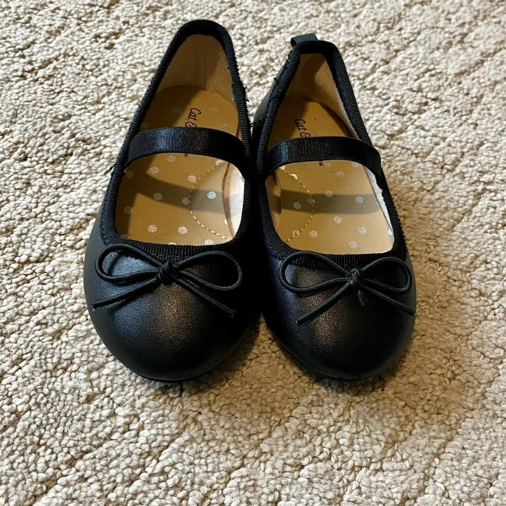 NEW Cat & Jack Black Ballet Flat Dress Shoes with Bow Size 6 Vegan Leather
